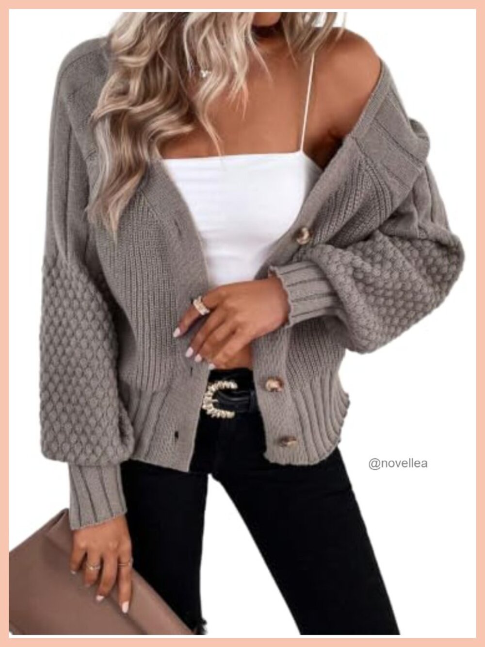 Oversized Chunky Knit Cardigan V-Neck Bishop Sleeve Button Up Sweater